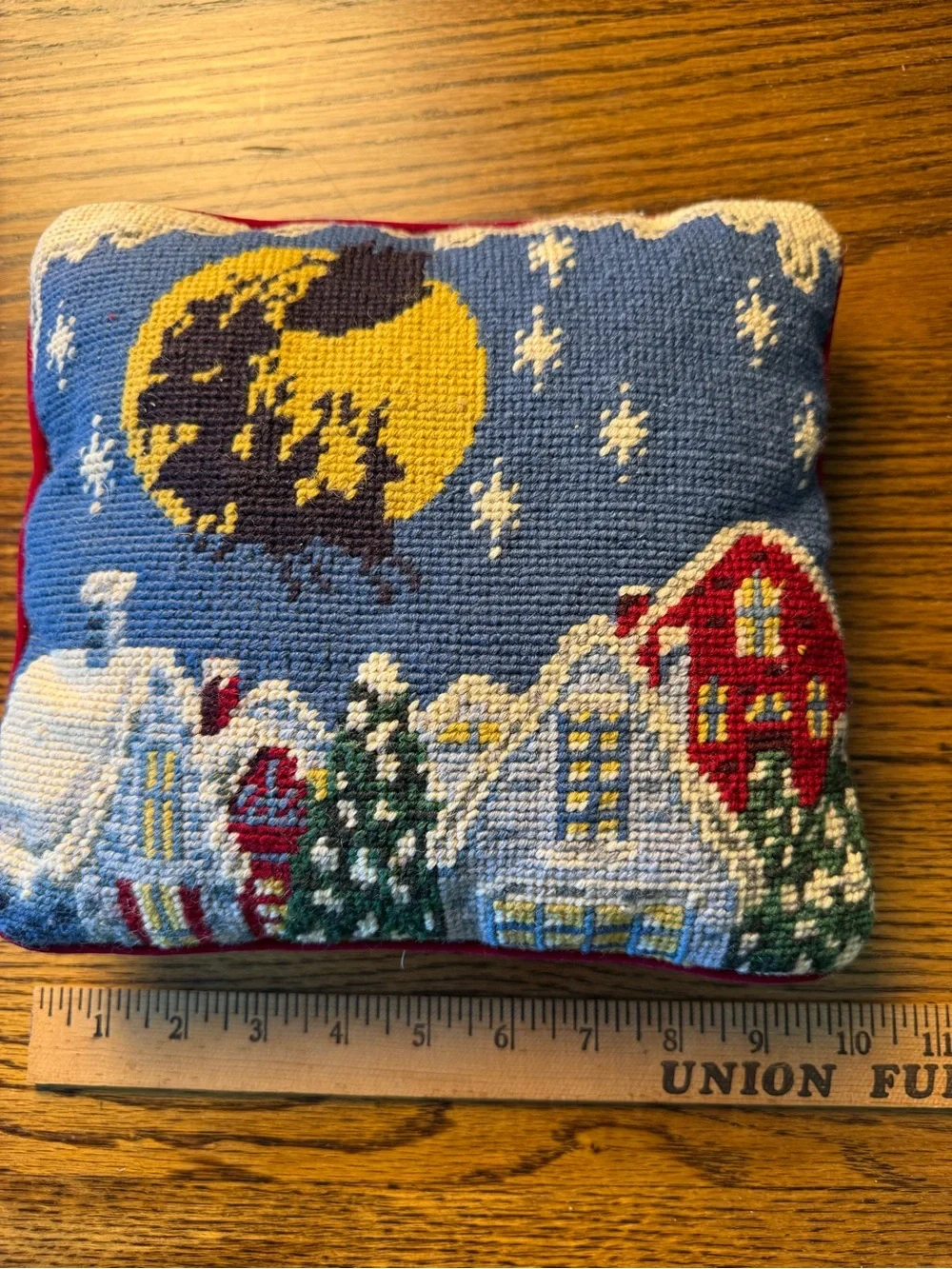 Vintage Christmas Needlepoint Pillow Snow Village Moon Velvet Back 10”